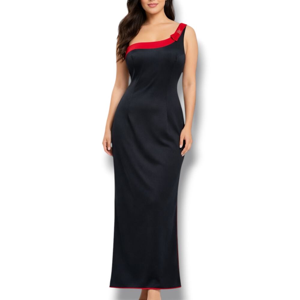Vintage Rampage One Shoulder Black Red Maxi Dress Rhinestone Bow New Formal Prom